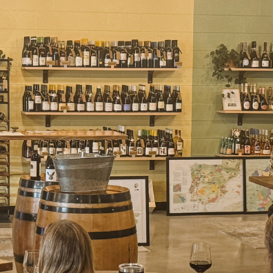 A wine tasting event with a presenter speaking to a seated audience in a wine shop, surrounded by shelves of wine bottles.